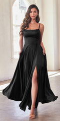 Black satin A-line gown with square neckline, spaghetti straps, and flowing side slit