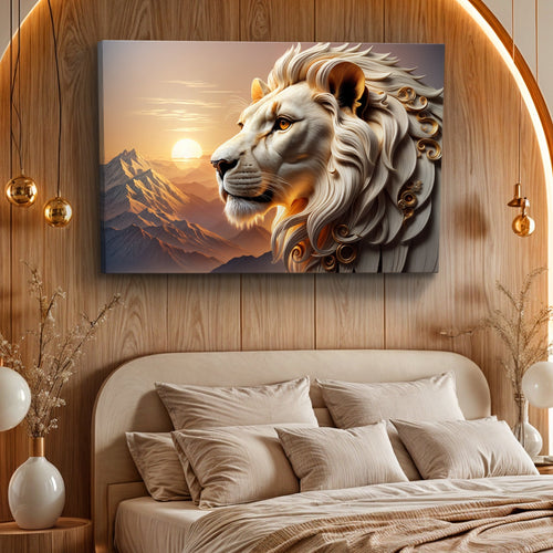 3D lion canvas wall art with white mane and golden eyes, mountain sunset 3D illustration