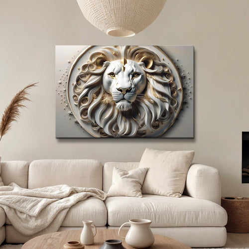 3D lion wall art with white and gold sculpted lion face relief on gray oval panel