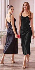 Black satin midi dress with spaghetti straps and scoop neckline
