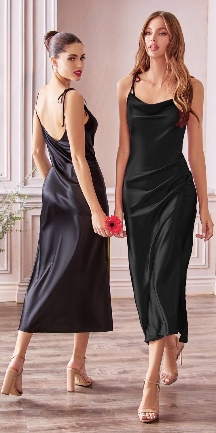Dark satin midi dress with spaghetti straps, sleeveless square neckline