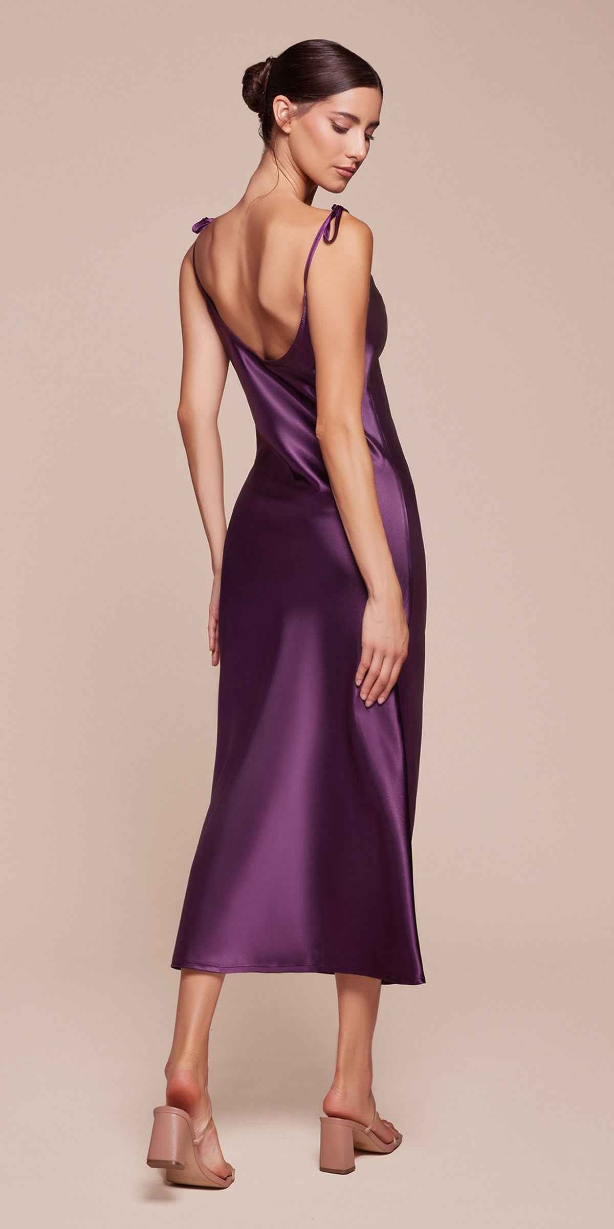 Plum satin midi slip dress with thin straps and open back