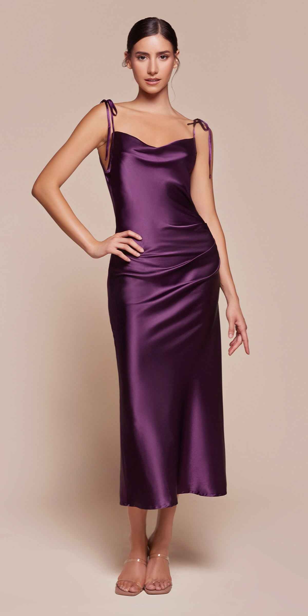 Plum satin midi bodycon dress with spaghetti straps and cowl neckline