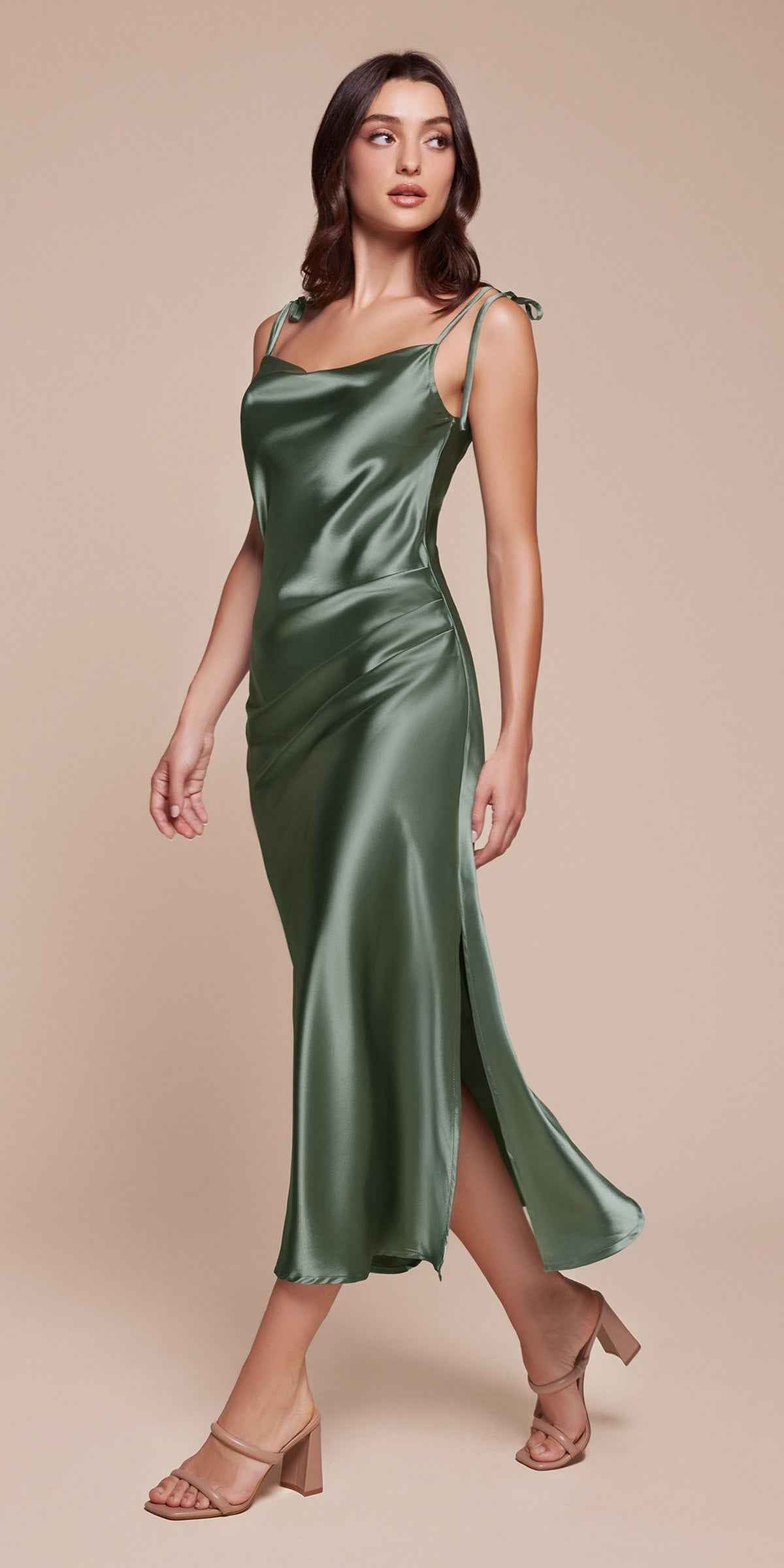 Dark green satin midi slip dress with thin straps and side-slit hem
