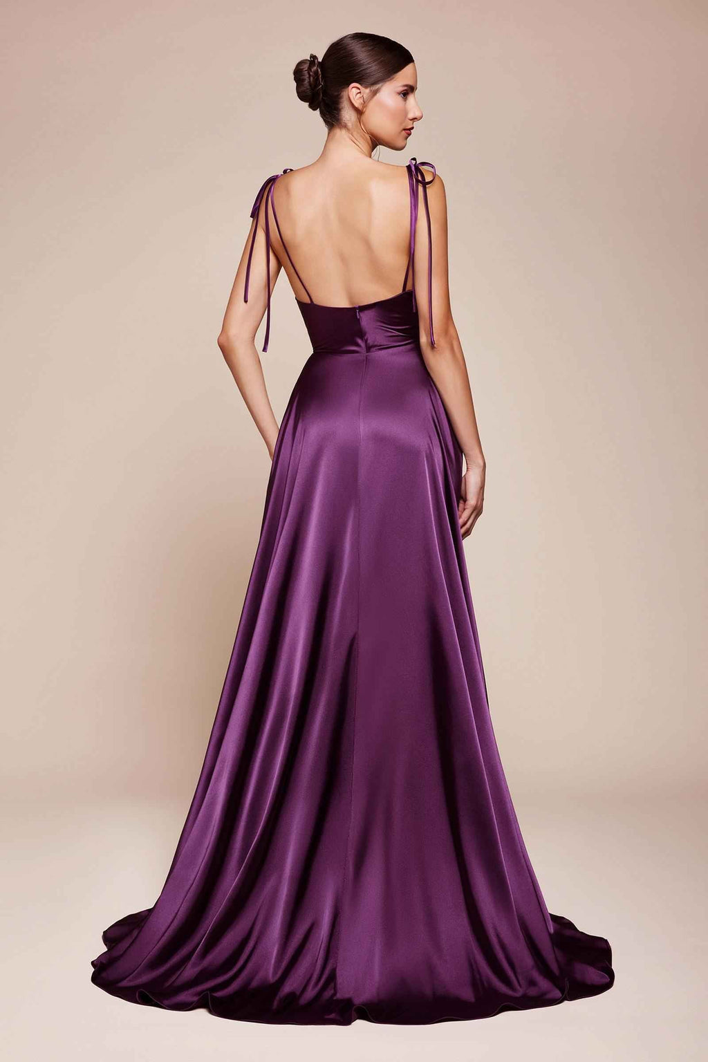 Lavender satin A-line gown, open back with tie straps, gathered skirt
