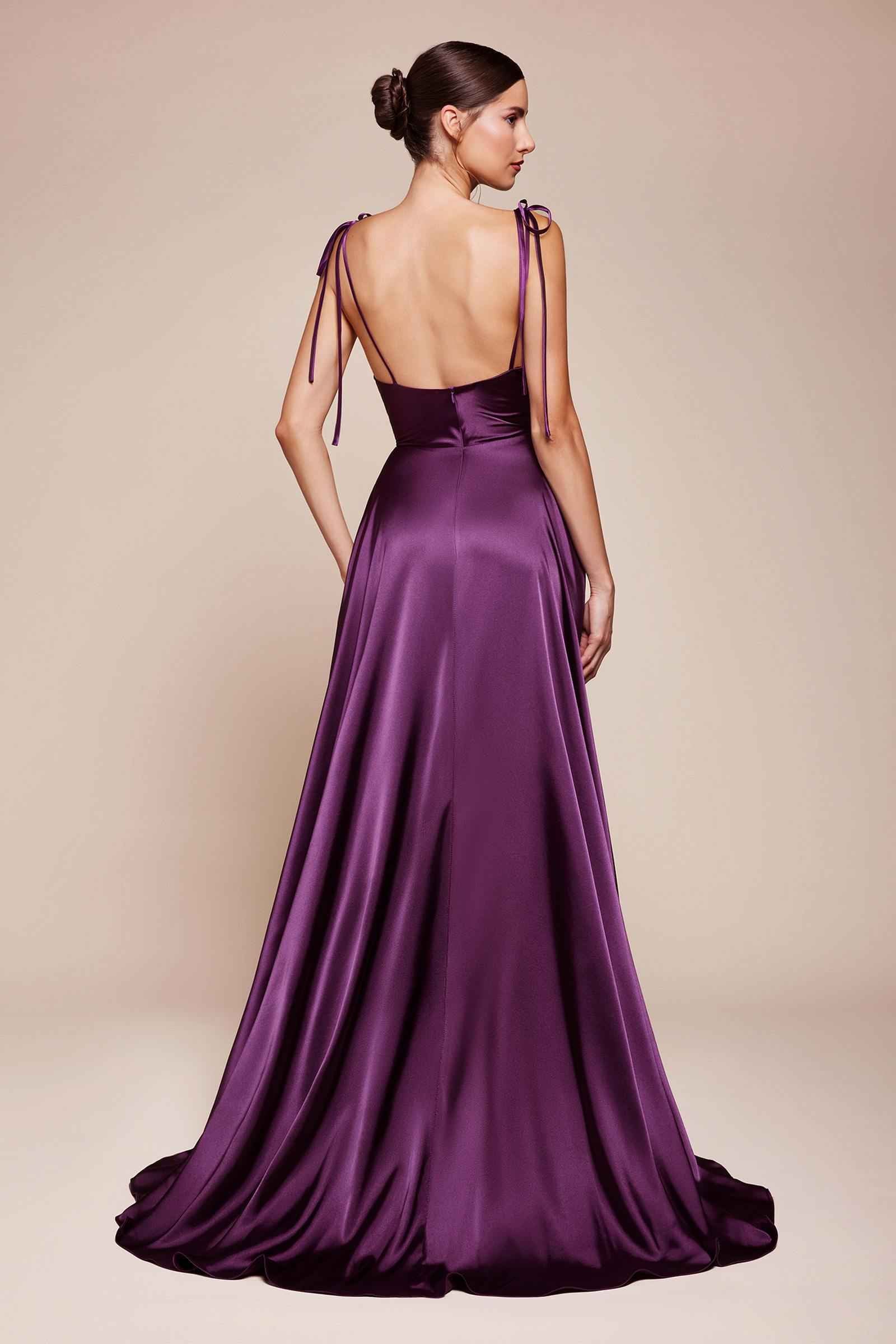 Lavender satin A-line gown, open back with tie straps, gathered skirt