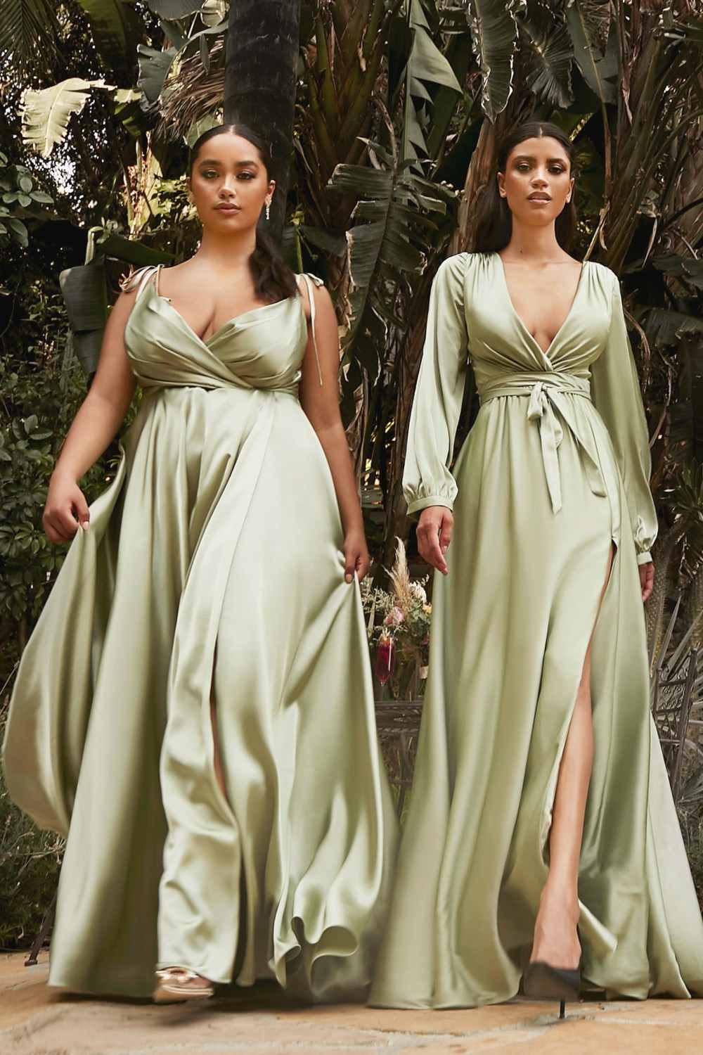 Flowy satin A-line gown with leg slit, pale green draped V-neck bodice