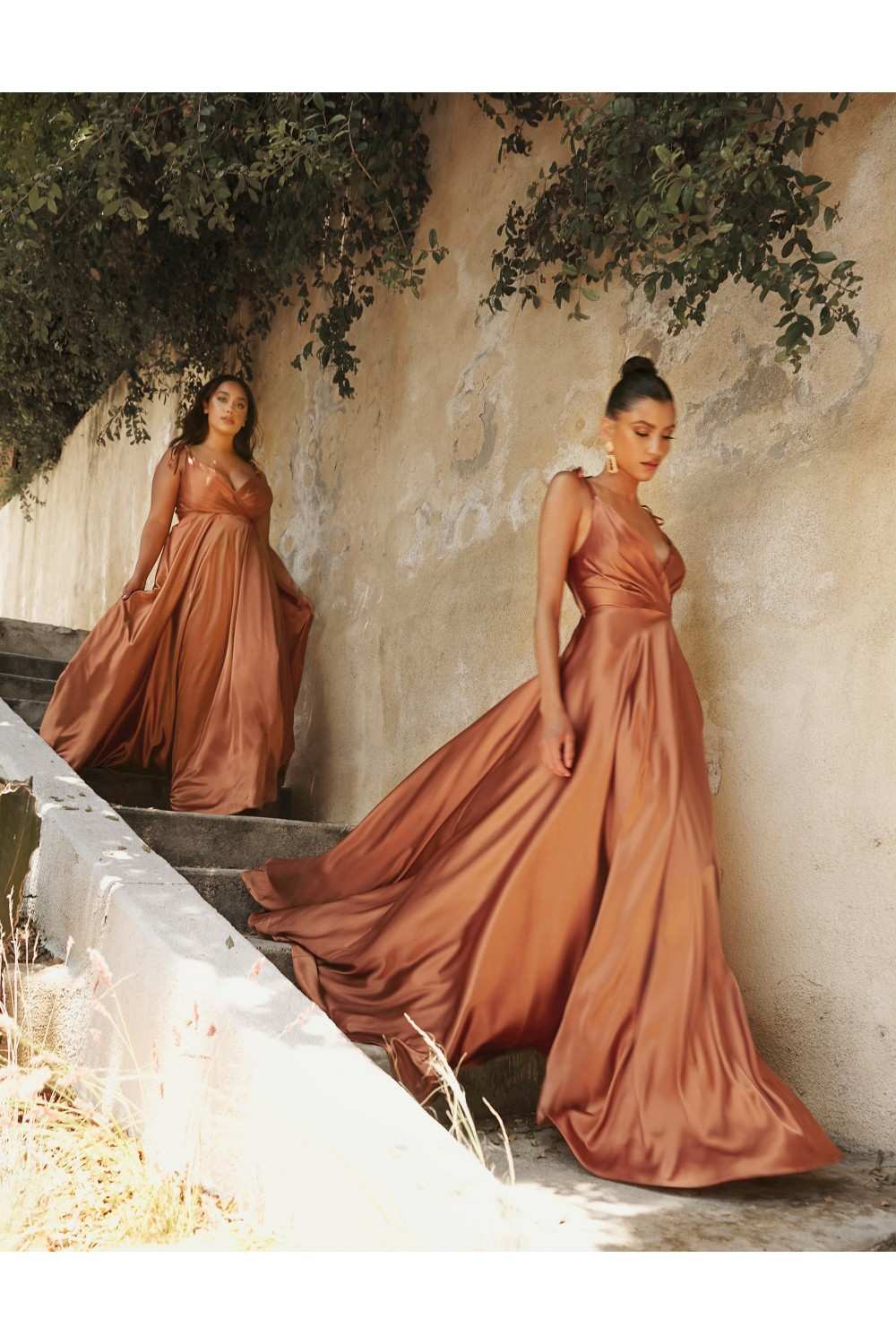 Flowy satin A-line gown with leg slit, dusty rose satin V-neck sleeveless