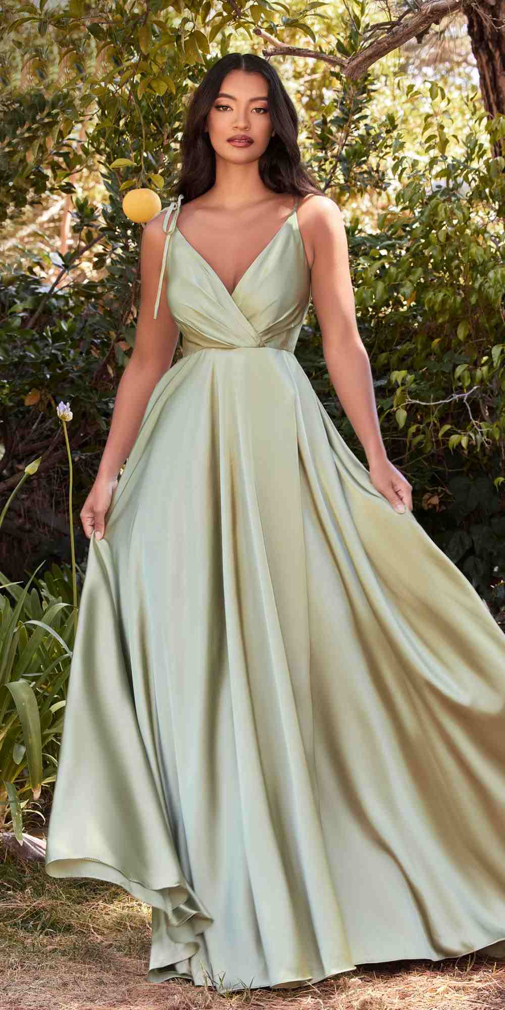 Flowy satin A-line gown with leg slit, light green sleeveless V-neck