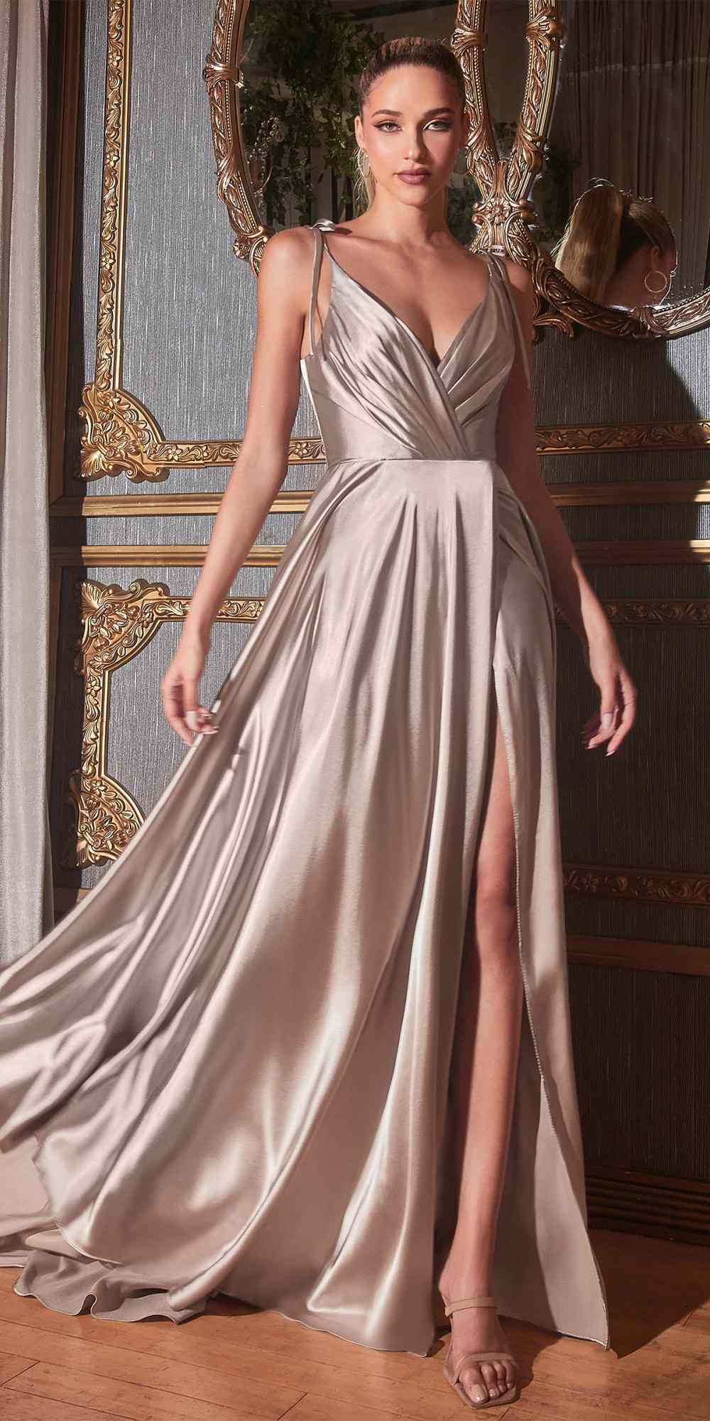 Satin A-line gown with V-neck draped bodice, sleeveless fit, high-leg slit, taupe