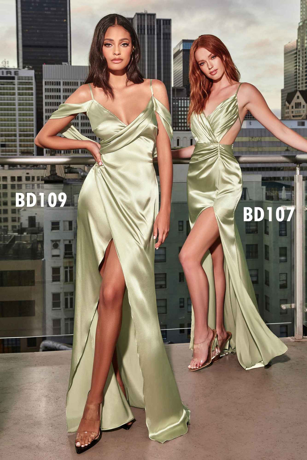 Long satin cowl back wrap dress with thin straps and high front slit, soft sage green