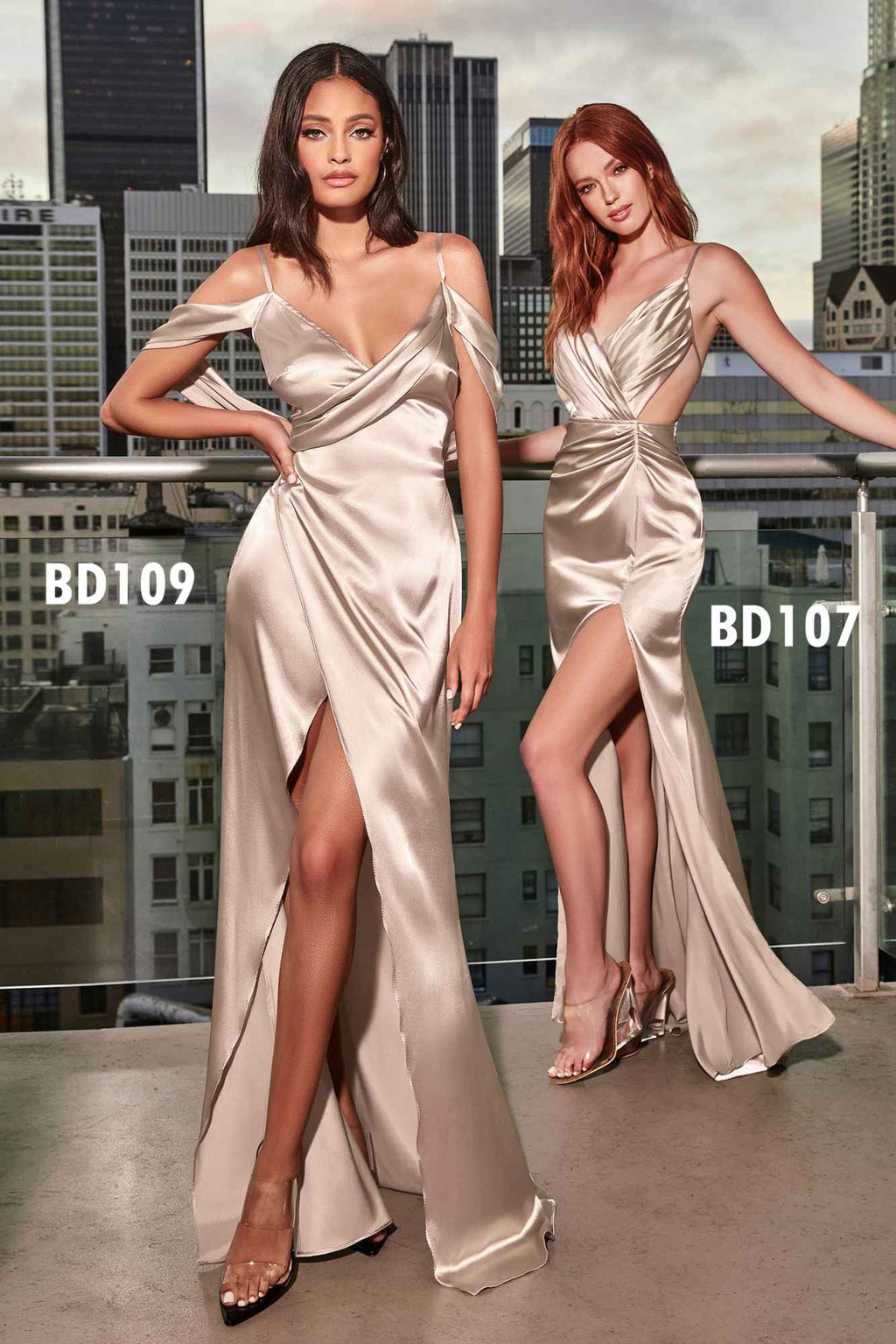 Long satin cowl back wrap dress with thin straps and high front slit, metallic champagne