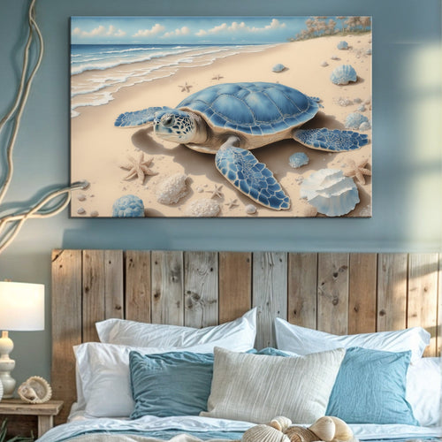 Coastal wall art canvas with blue sea turtle on sandy beach with seashells and waves