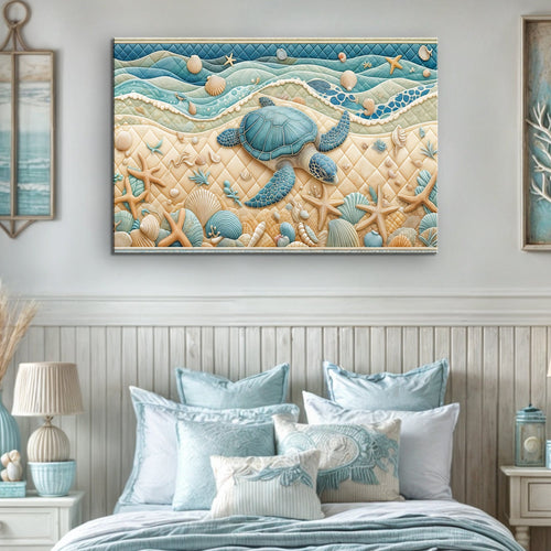 Coastal wall art featuring a blue sea turtle over sandy beach with starfish and shells
