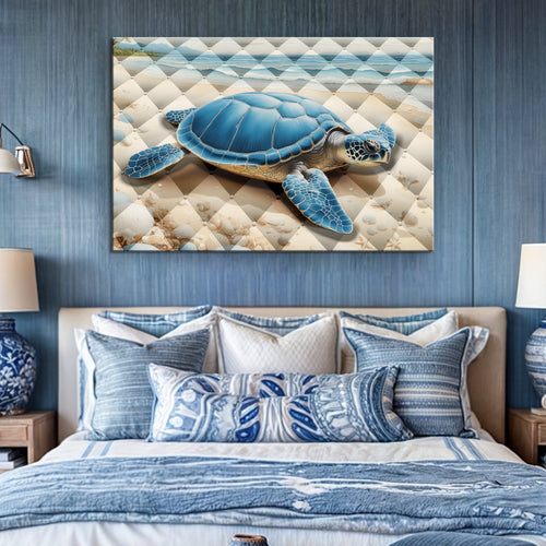 Coastal sea turtle wall art print in blue on beige diamond pebble background