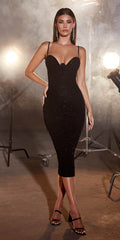 Black ruched cocktail dress with sweetheart neckline and thin straps