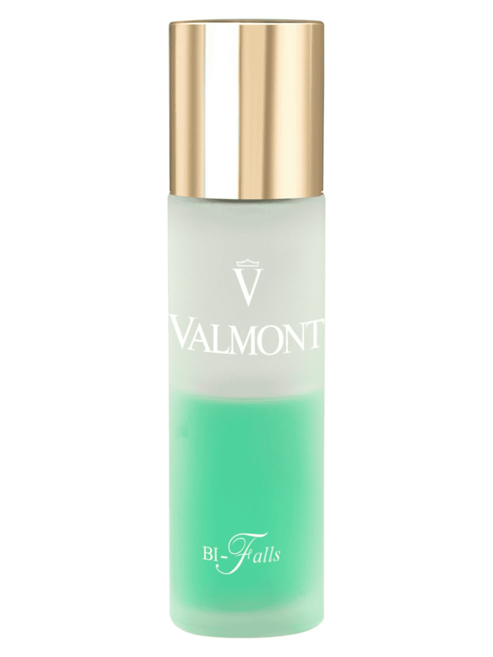Valmont Purity Bi-Falls bottle with gold cap and translucent green liquid
