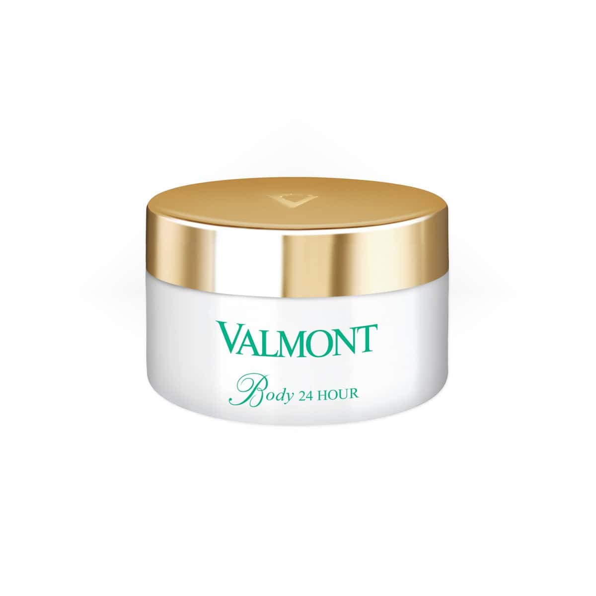 Valmont Body 24 Hour cream jar with gold lid and white container