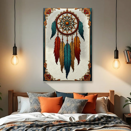 Feather dreamcatcher wall art with circular woven ring and multicolor feathers, framed