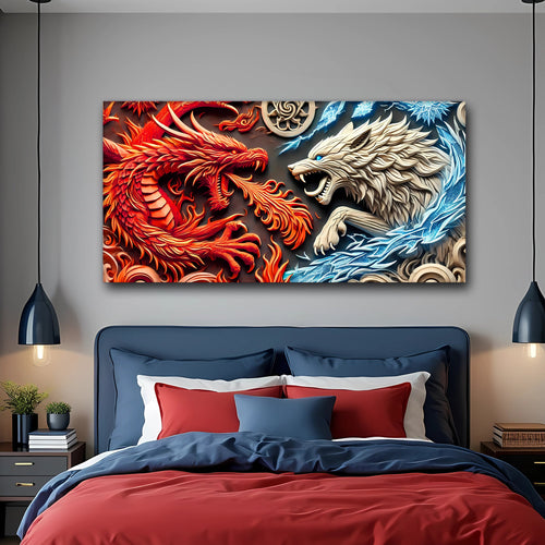 3D dragon and wolf wall art canvas showing red dragon and white wolf