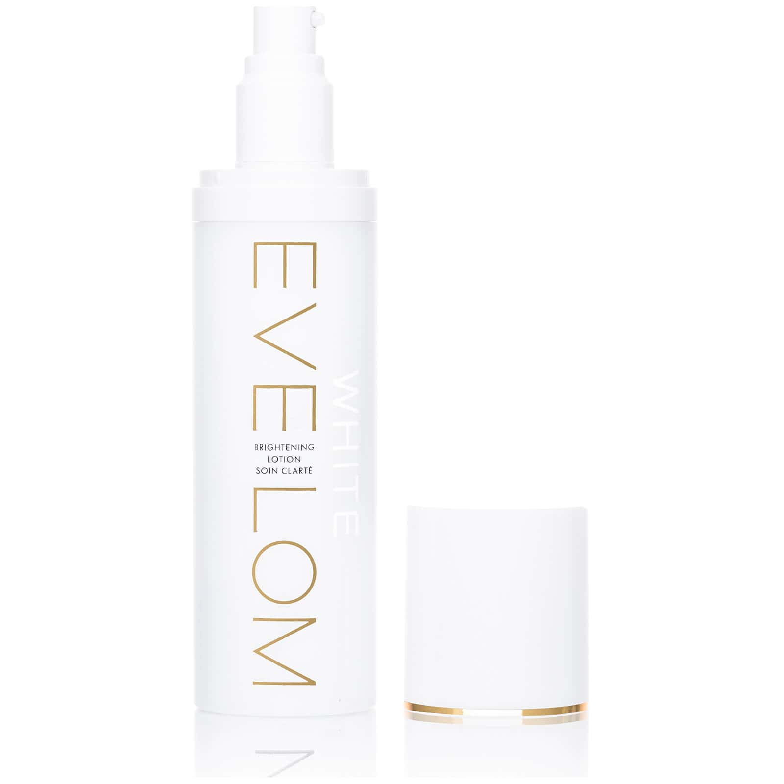 eve lom brightening lotion bottle with pump, white