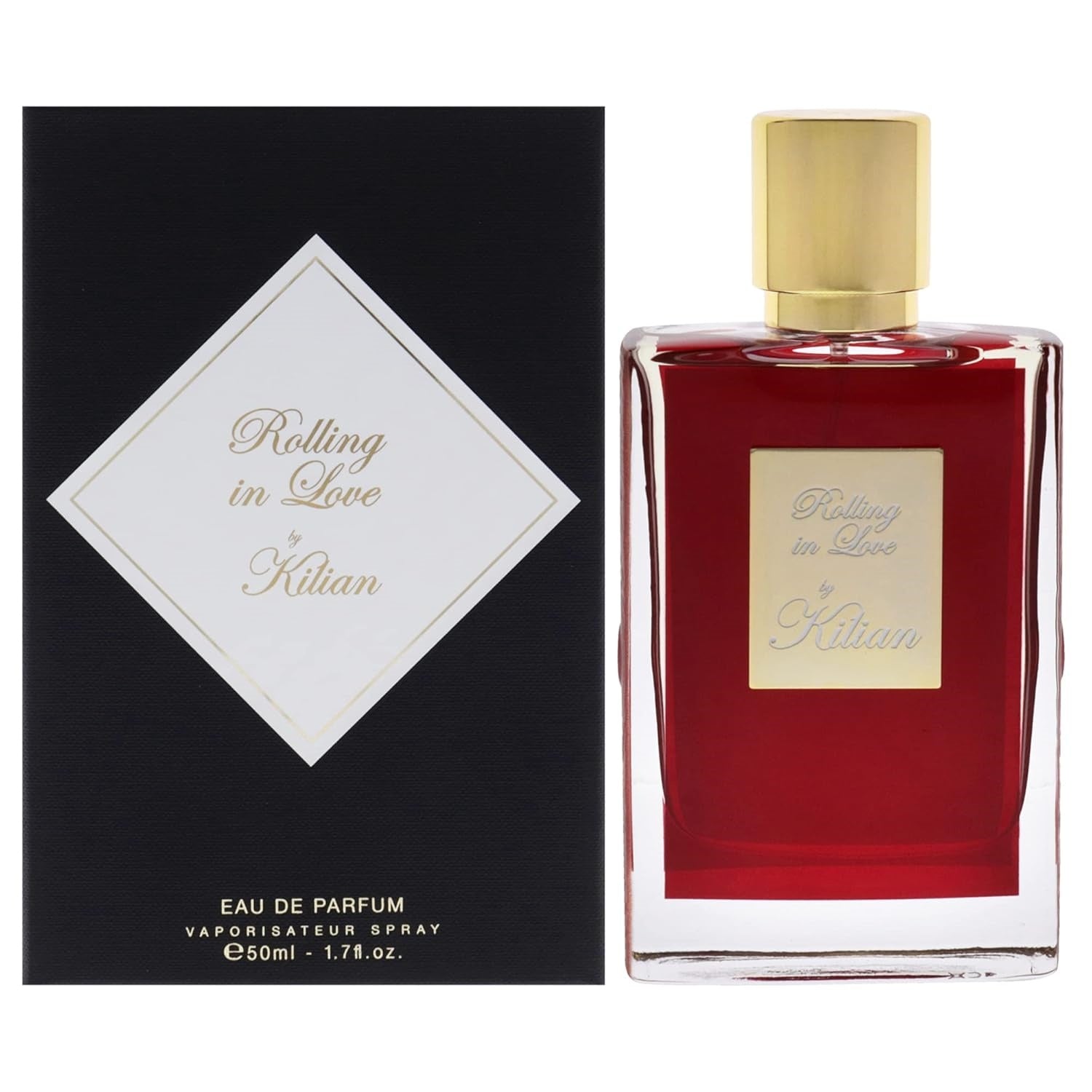 BY Kilian Rolling in Love eau de parfum bottle, gold cap, red glass