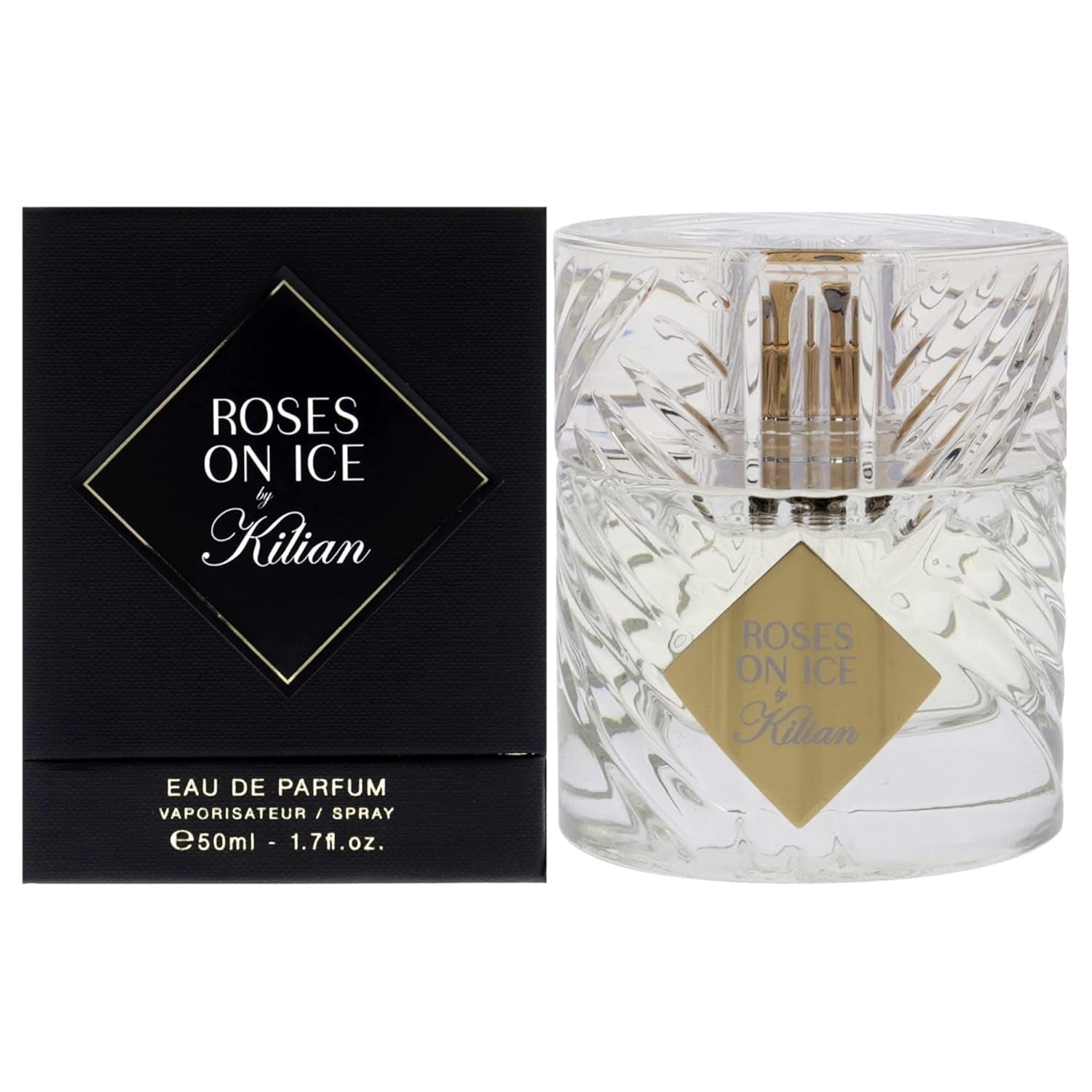 Eau de parfum bottle with clear glass, gold accents, and Roses on Ice label