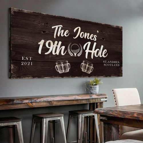 Personalized wooden golf sign: The Jones 19th Hole, EST 2021, St Andrews Scotland