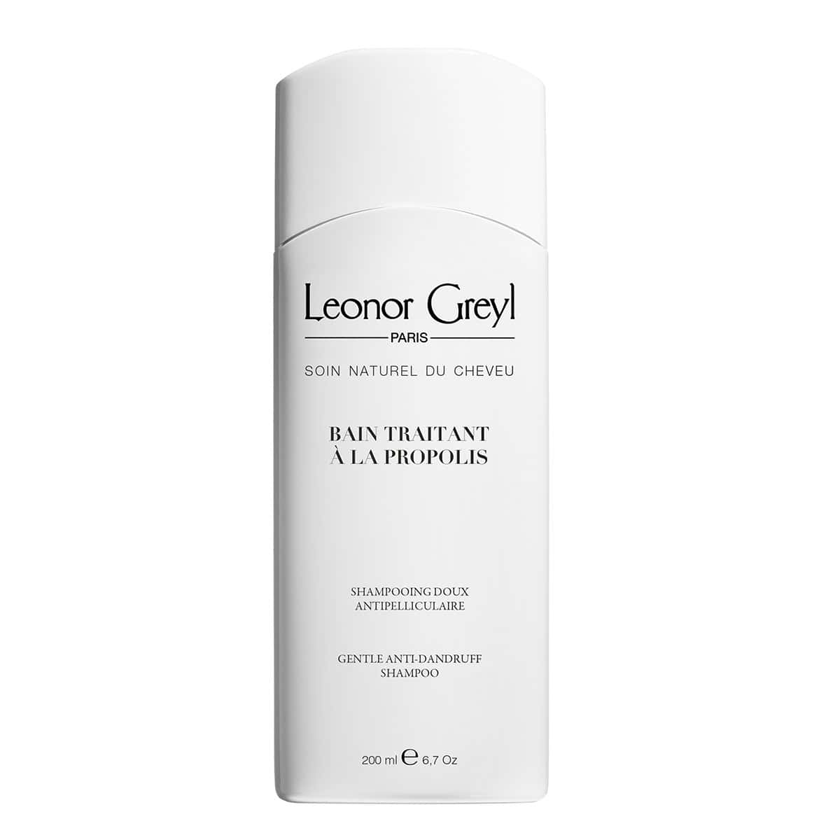 Leonor Greyl shampoo bottle, white with black label.