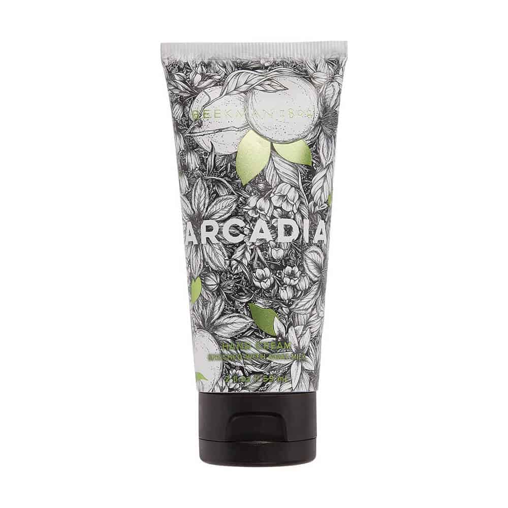 Beekman 1802 Arcadia hand cream tube, floral leaf print with green accents, 2 oz