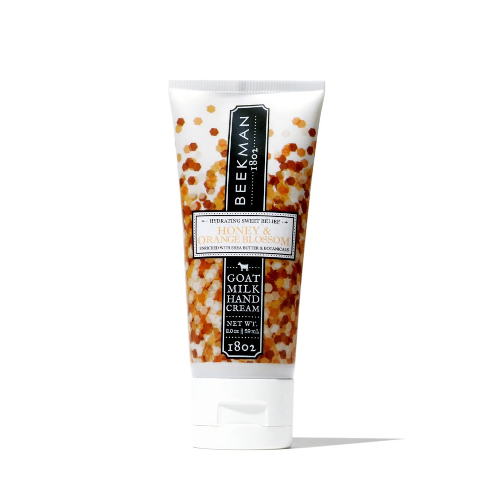 Hand cream tube, Beekman 1802 Honey & Orange Blossom, white with amber speckles