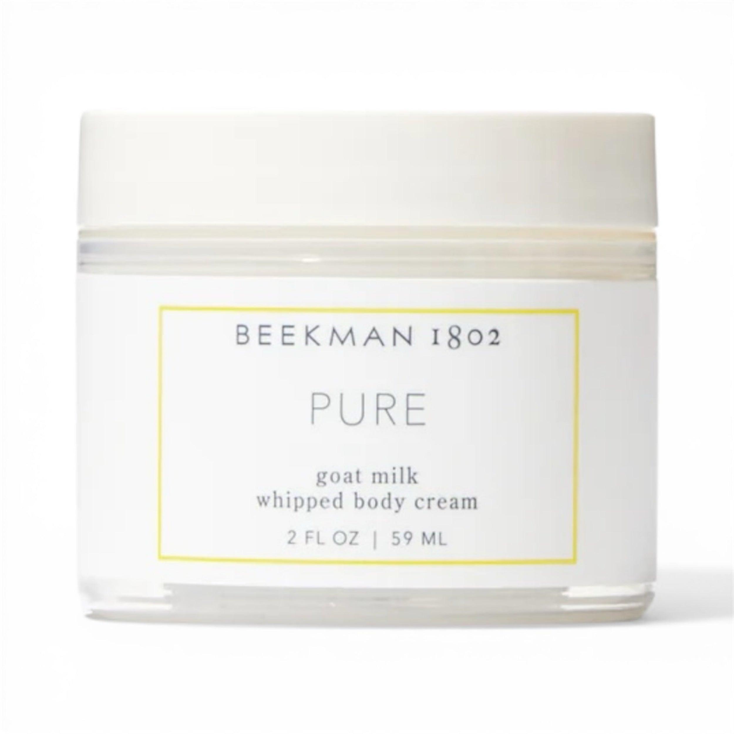 Whipped body cream jar with Beekman 1802 Pure goat milk label, white plastic lid