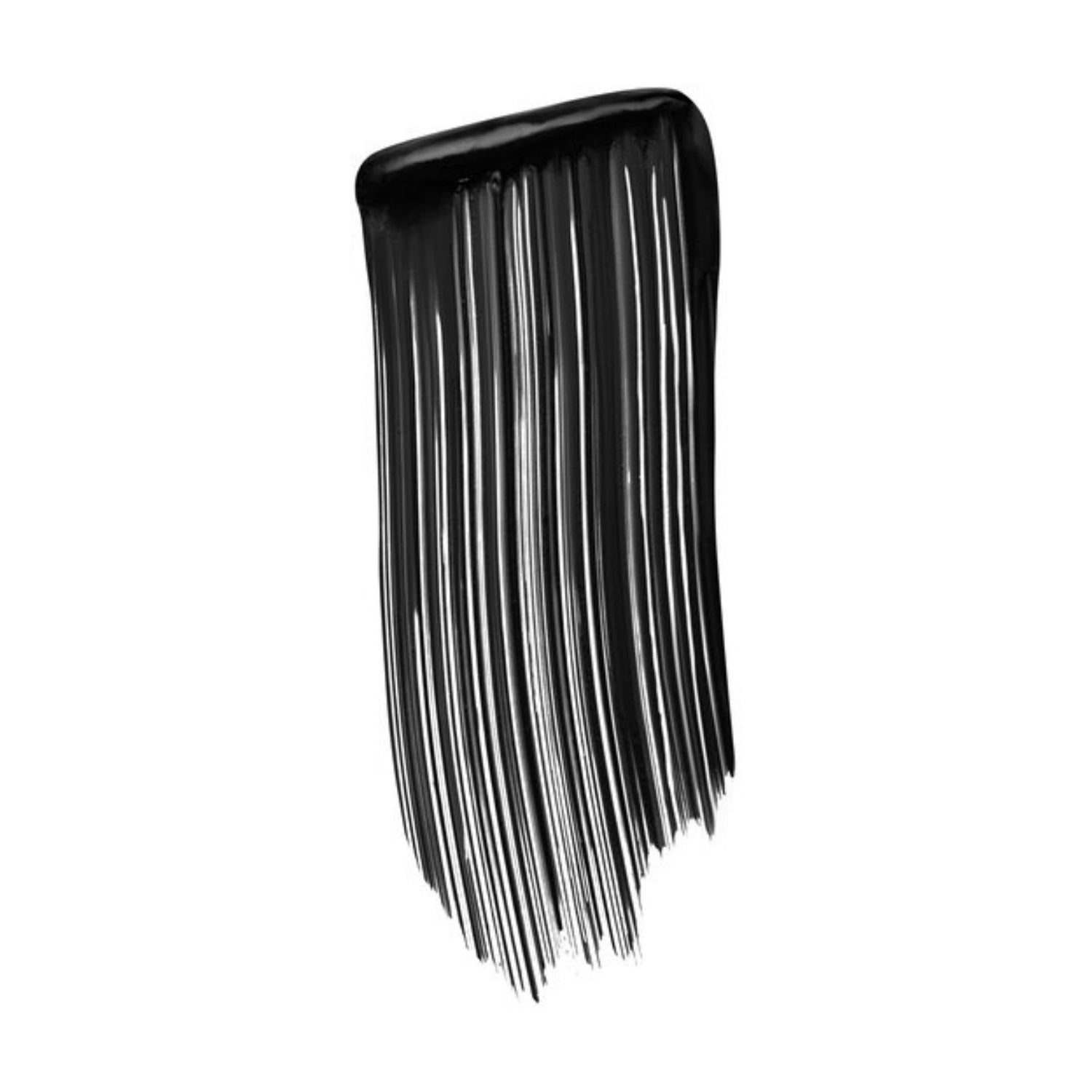 Mascara wand brush with dense black bristles on glossy handle