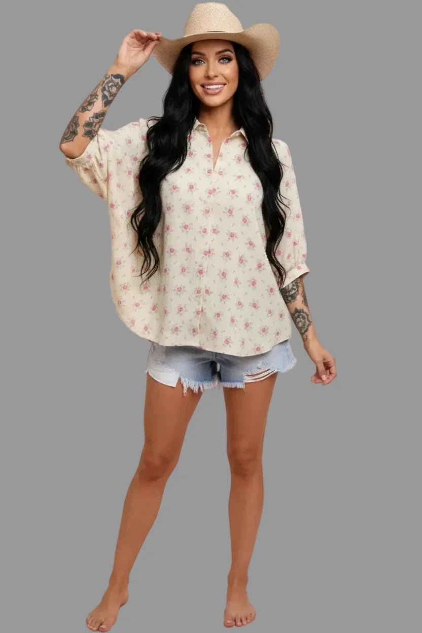 BiBi Flower Printed Short Dolman Blouse
