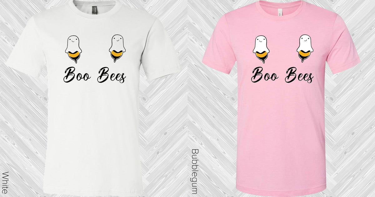Front view graphic tees in white and pink with ghost bee icons and 'Boo Bees' text on front.