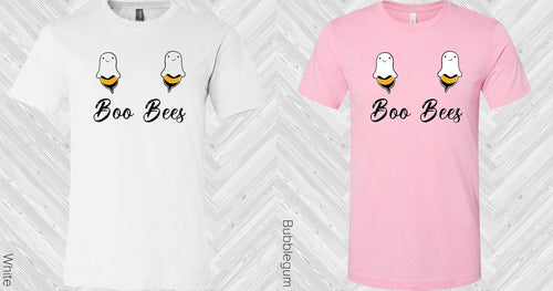 Front view graphic tees in white and pink with ghost bee icons and 'Boo Bees' text on front.