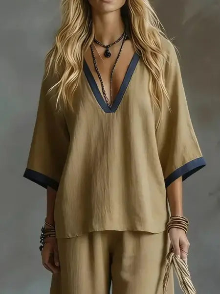 Contrast Trim V-Neck Top and Pants Set