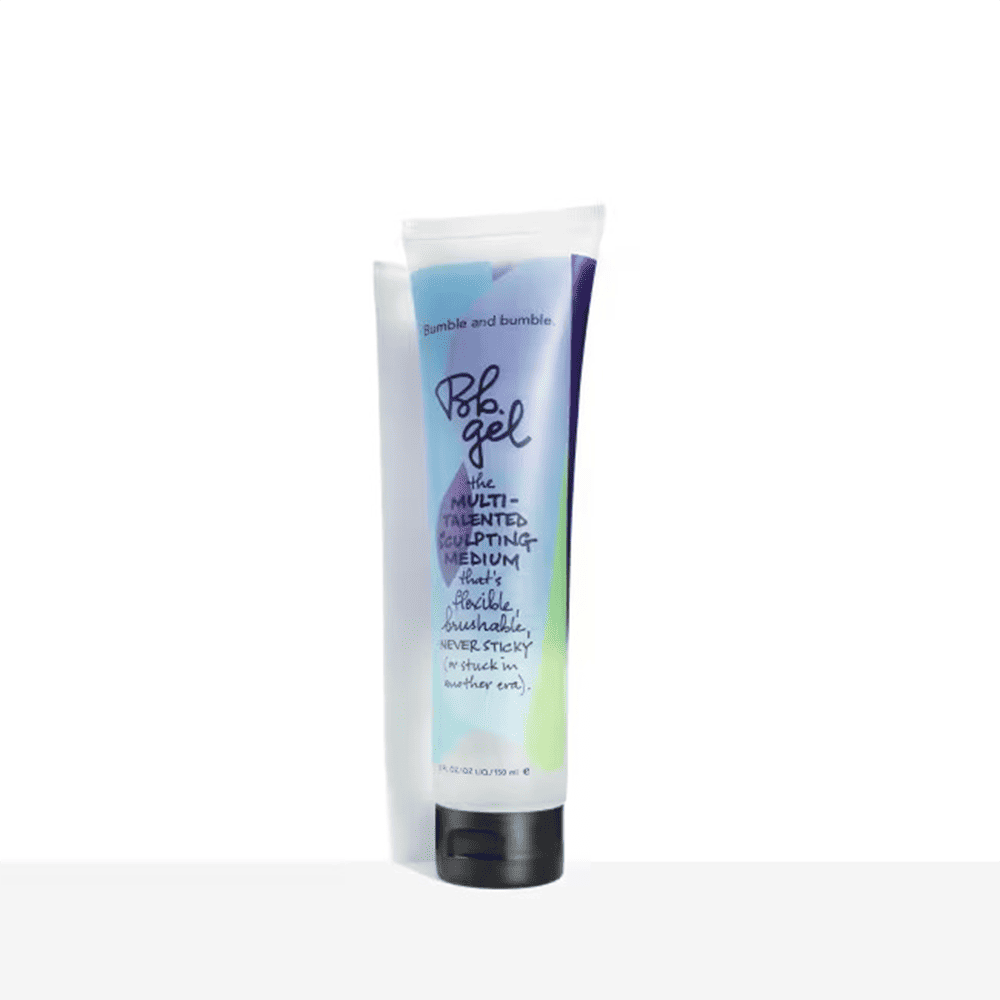 Hair styling gel tube, clear cap with blue label, Bumble and Bumble branding