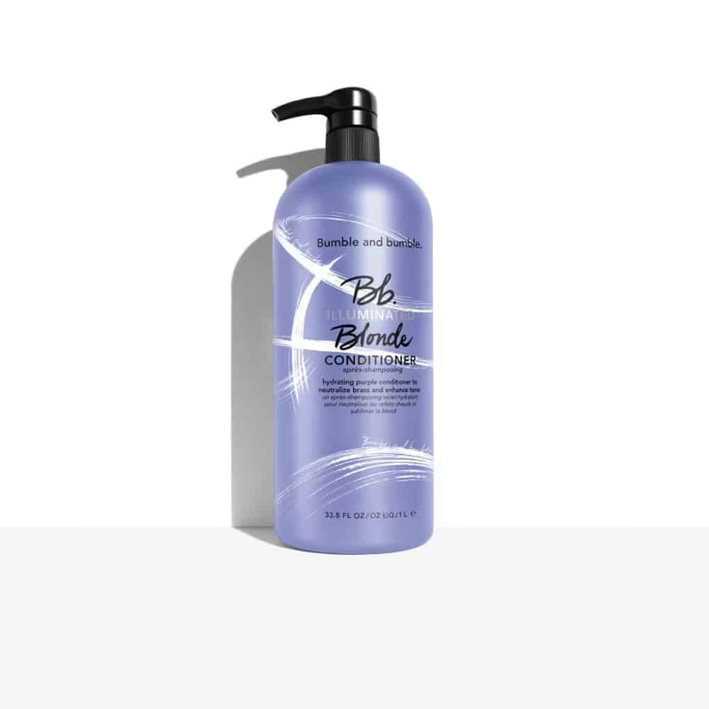 Illuminated Blonde Conditioner bottle, purple with black pump dispenser