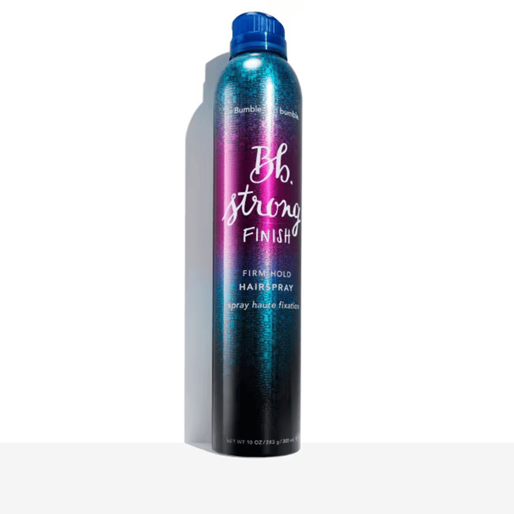 Bumble and Bumble hair spray bottle, Strong Finish 10 oz, blue/purple metallic