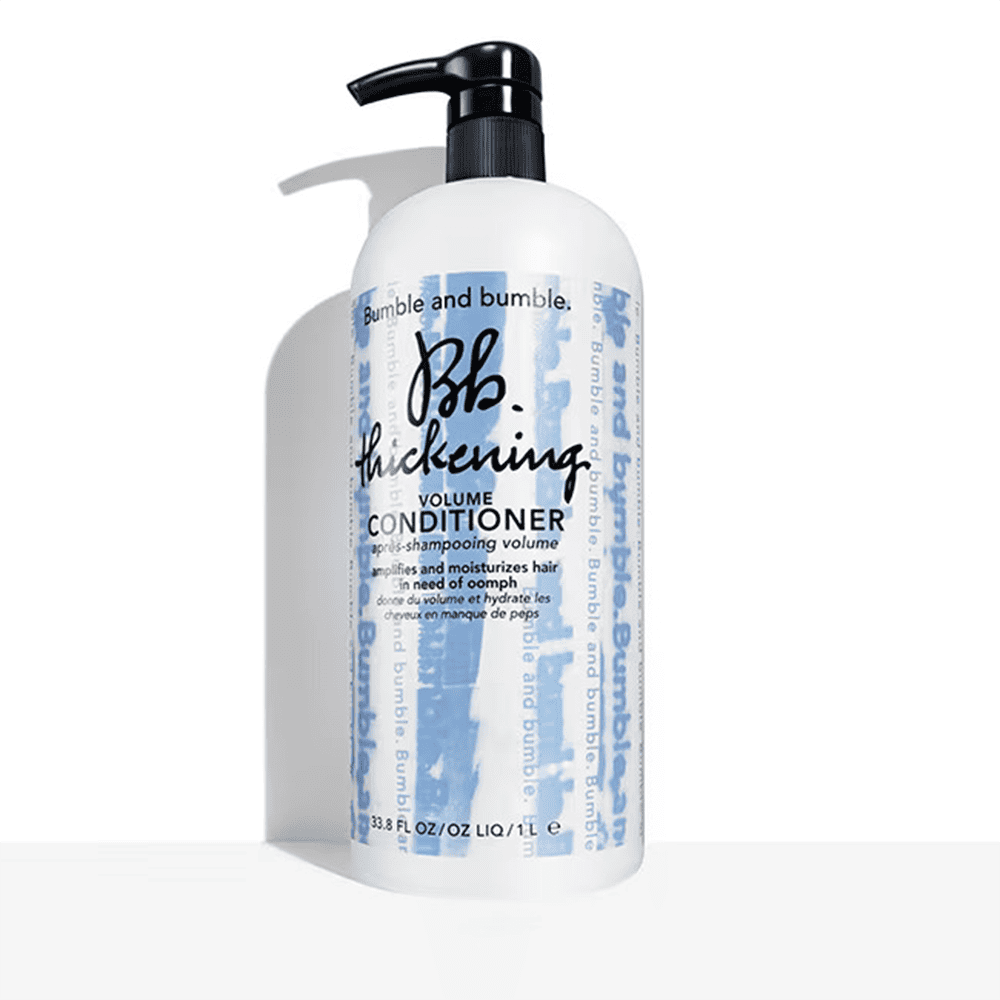 Bumble and bumble thickening volume conditioner pump bottle, white with black pump.