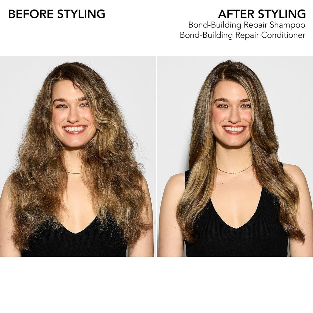 Bond-Building Repair Shampoo before and after styling panels with brunette hair