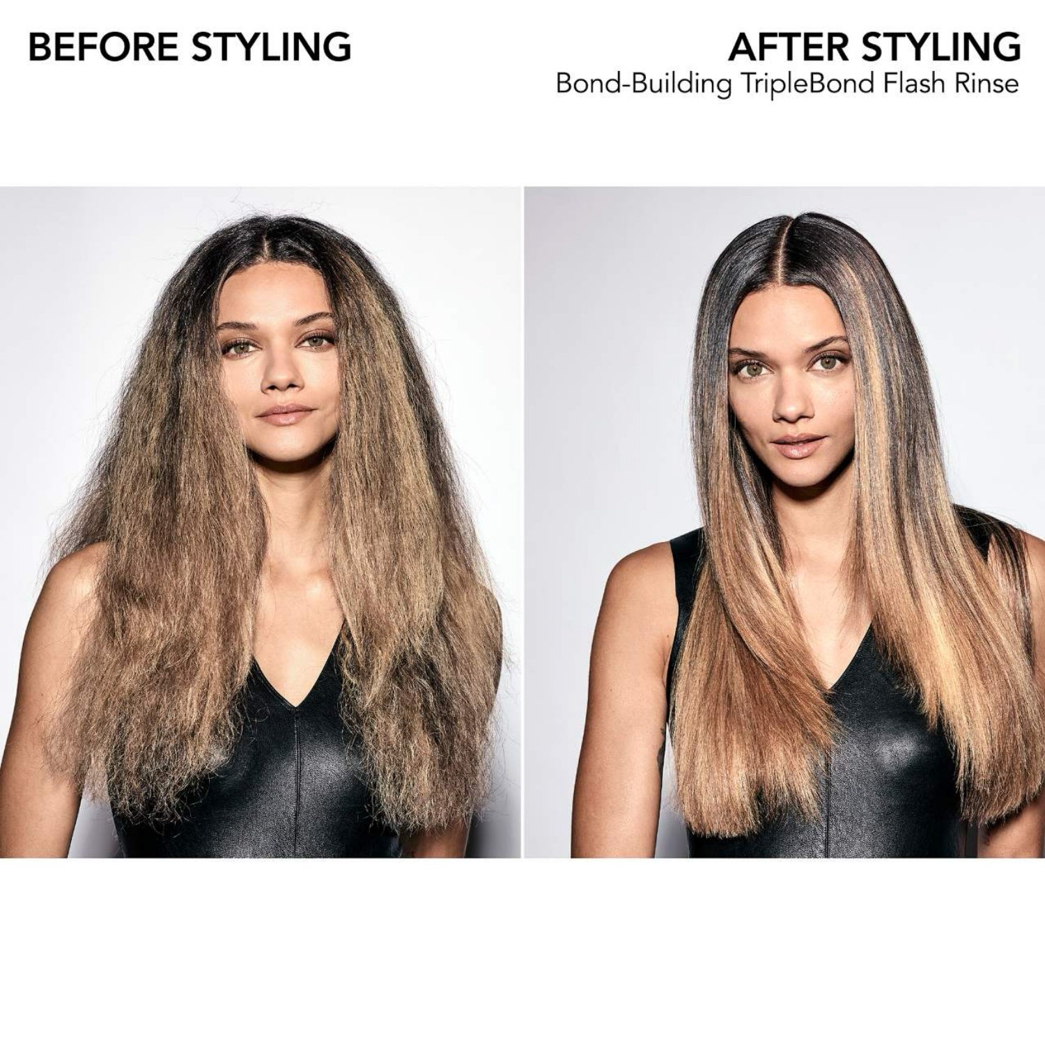 Before-and-after hair styling; model’s hair looks smoother and shinier after styling