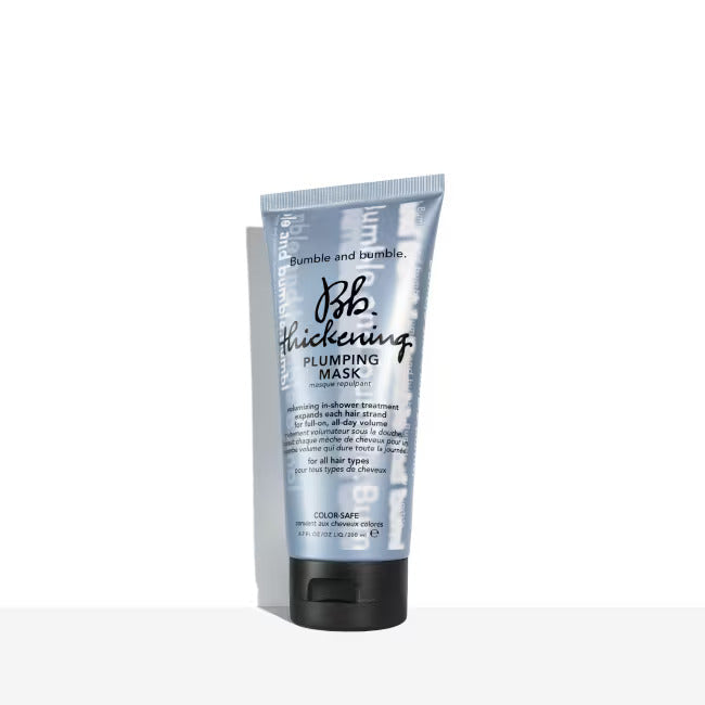 Bumble and bumble Thickening Plumping Mask tube with black flip-top cap, blue label