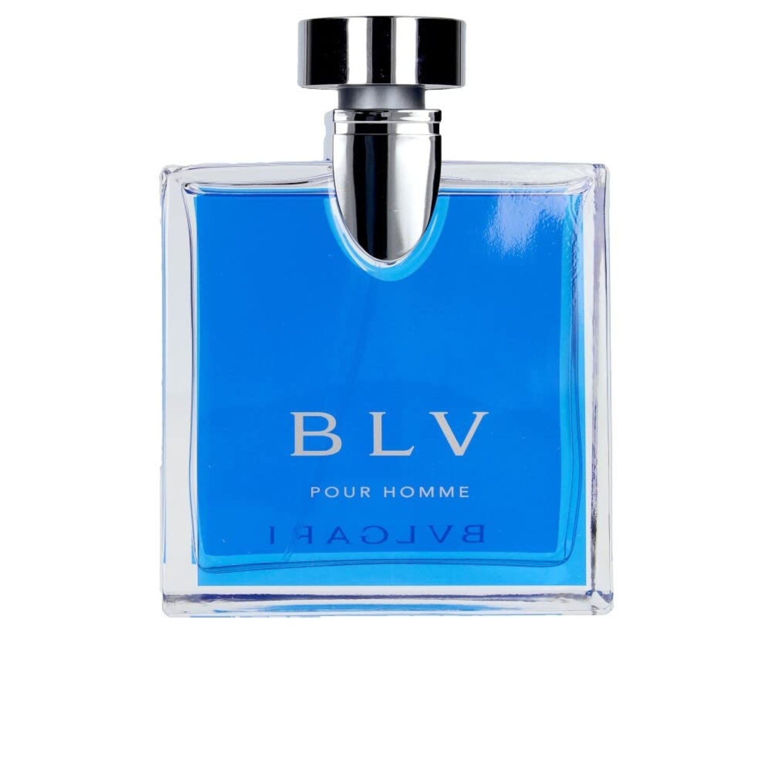 BLV Pour Homme eau de toilette spray bottle, blue glass with chrome cap