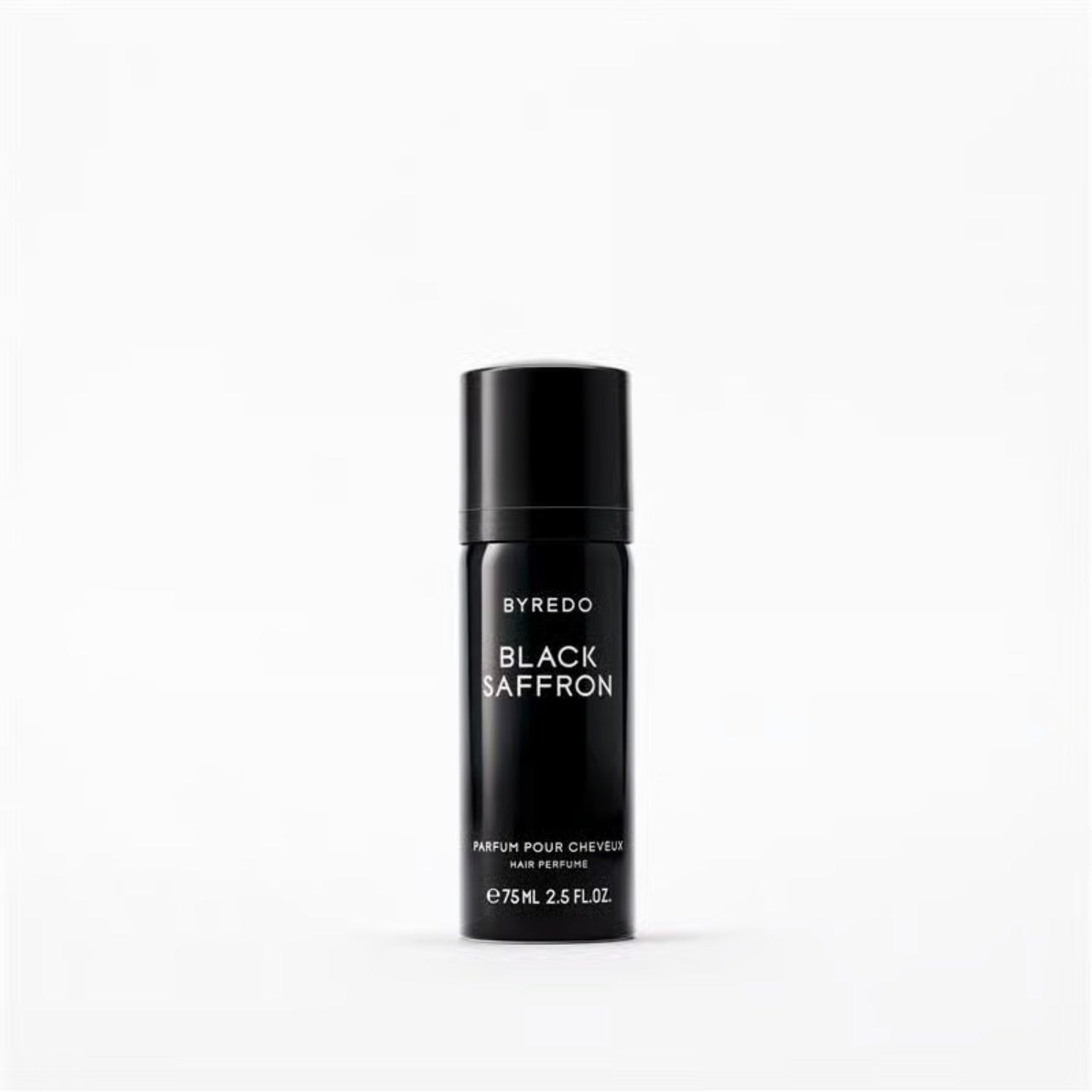 Hair perfume bottle with black cap and label, BYREDO Black Saffron, 75 mL