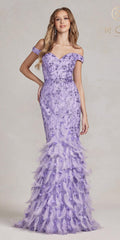 Lilac off-shoulder long mermaid gown with feather trim and textured bodice
