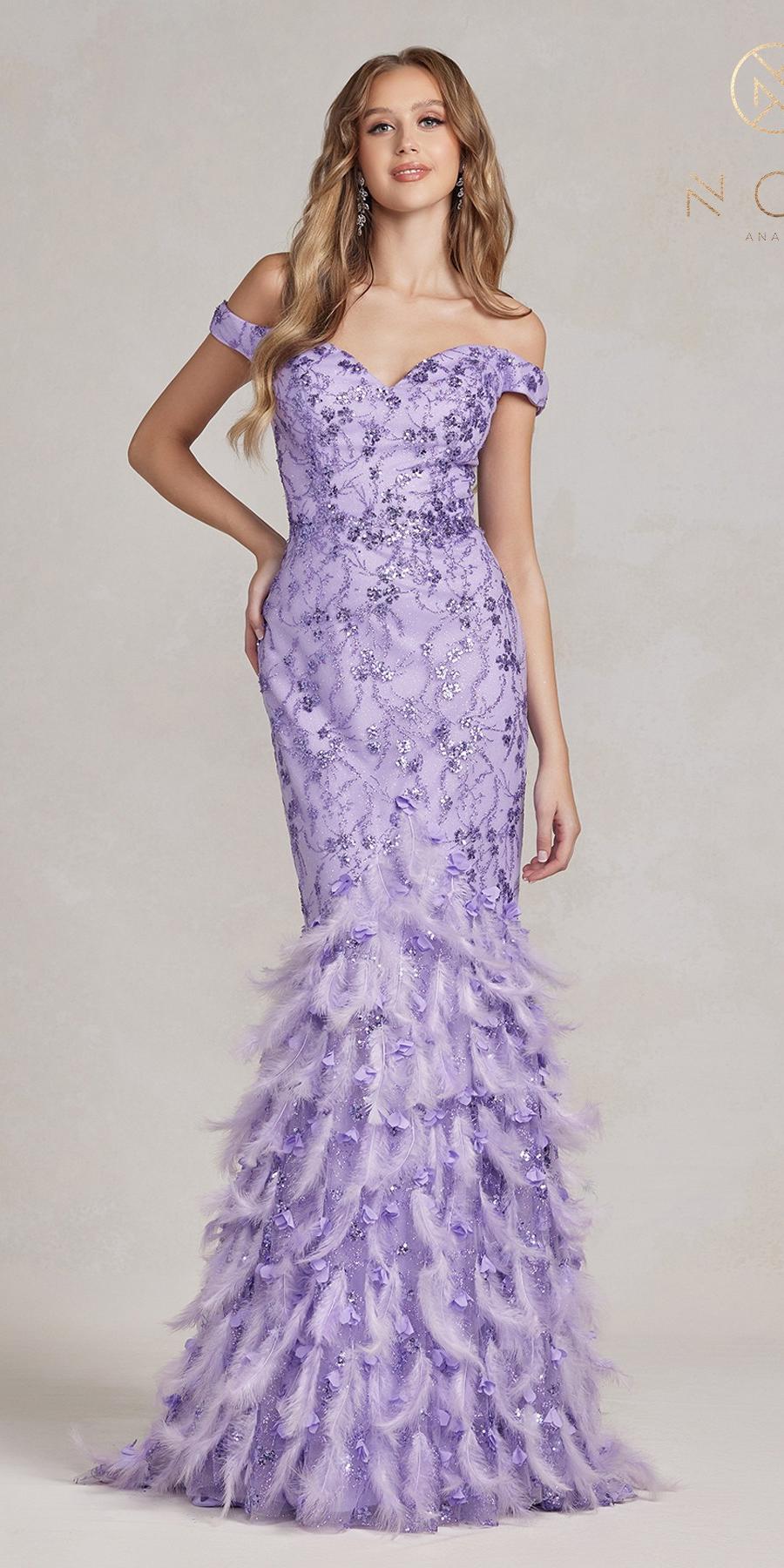 Lilac off-shoulder long mermaid gown with feather trim and textured bodice