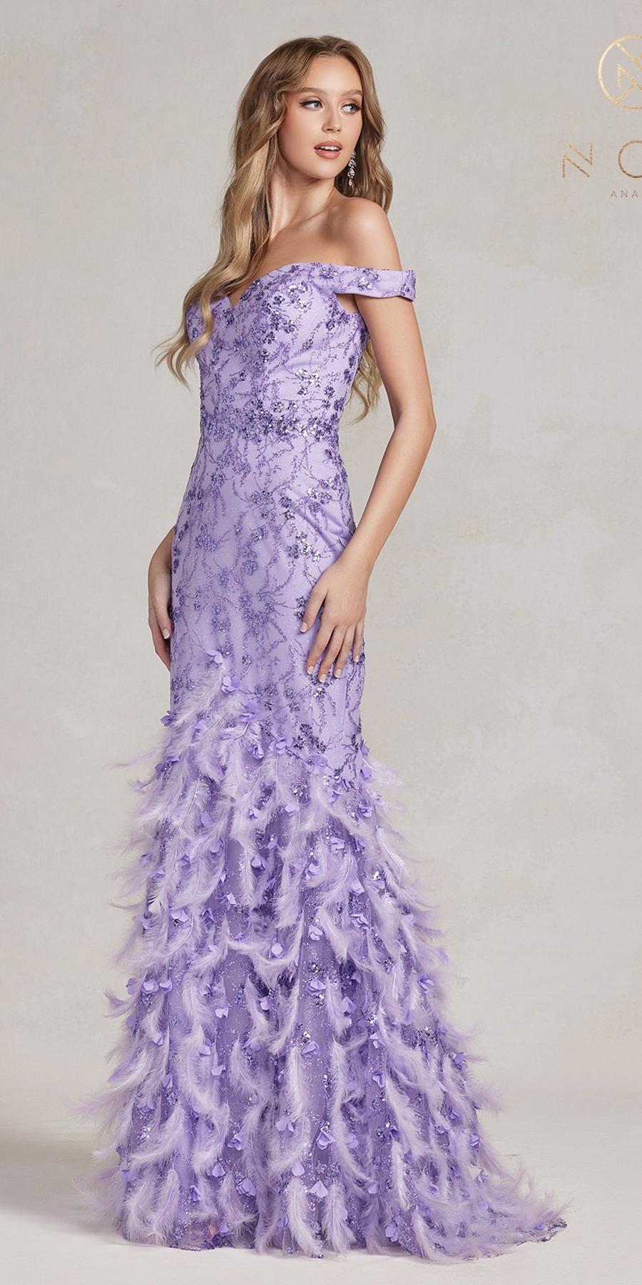 Lilac off-shoulder long mermaid gown with feathered ruffle hem