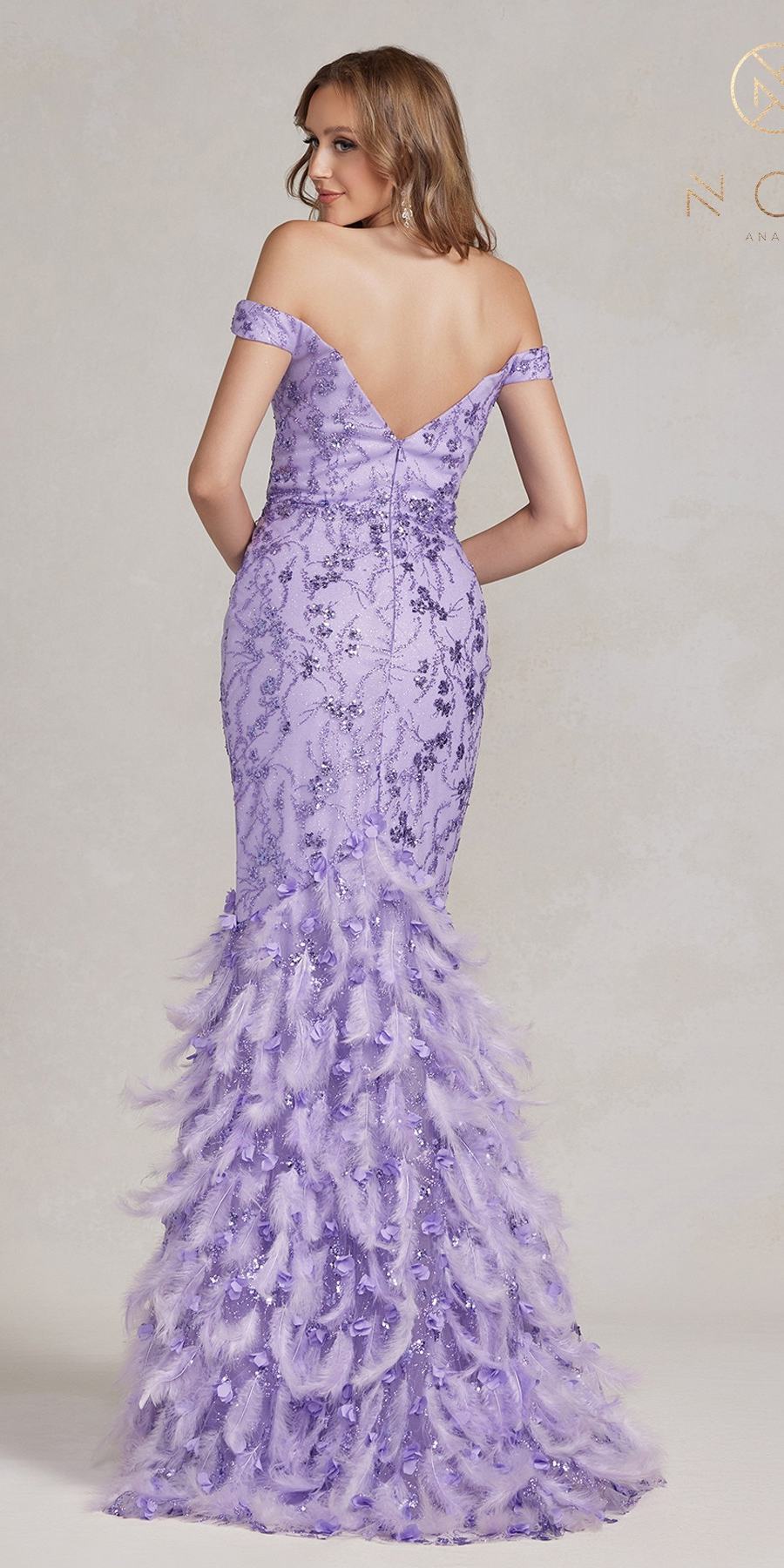 Lilac off-shoulder long mermaid gown with open-back detail and feather trim